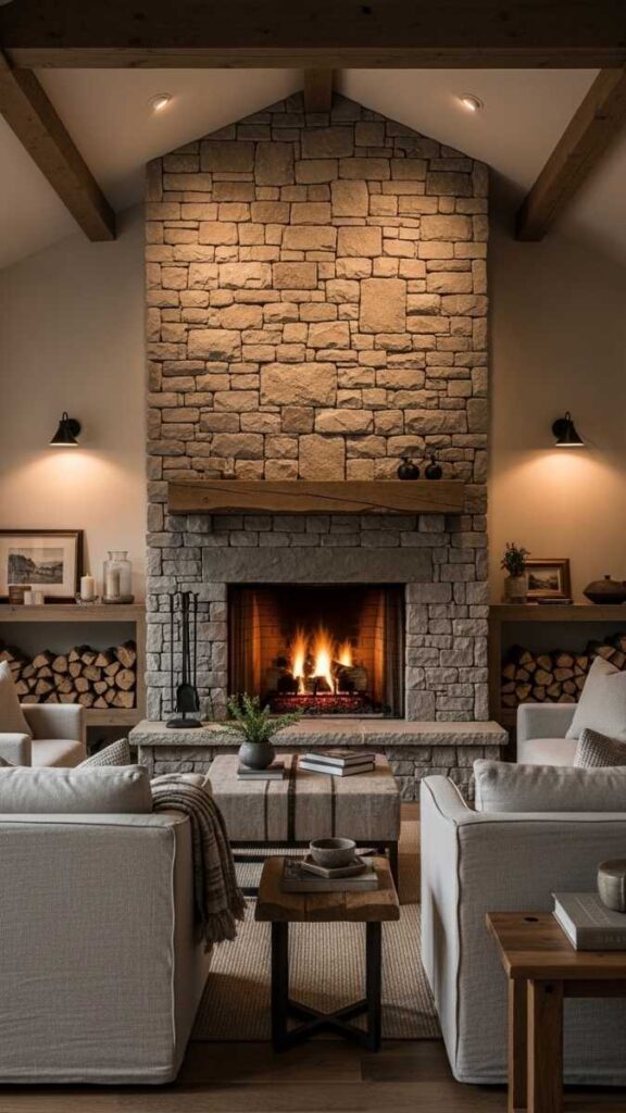 A Stone or Stacked Fieldstone Fireplace as the Room's Anchor