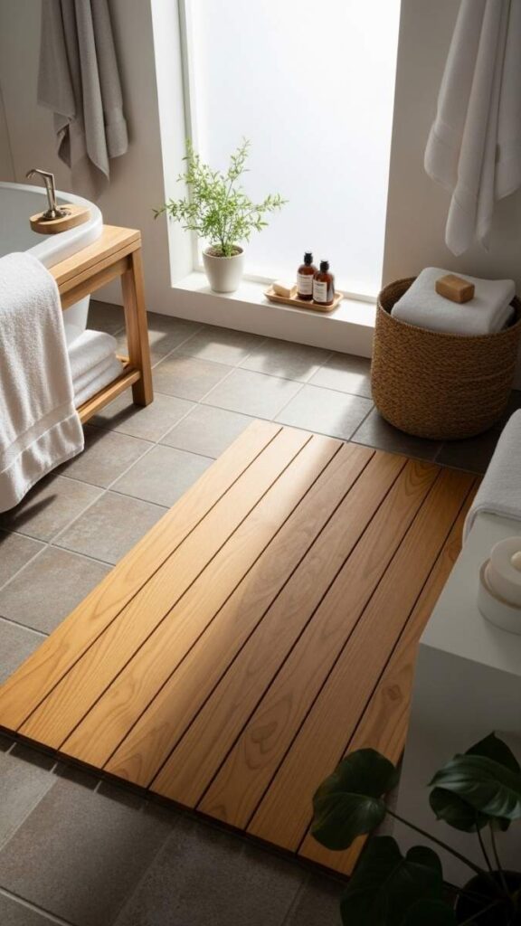 A Teak Bath Mat That Replaces Ugly Tile Visually