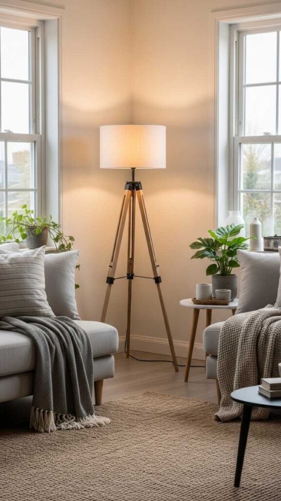 A Tripod Floor Lamp in a Living Room Corner