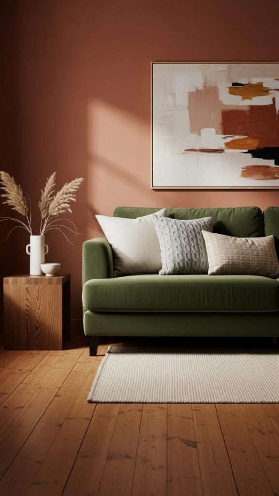 A Velvet Sofa Against a Warm Toned Wall