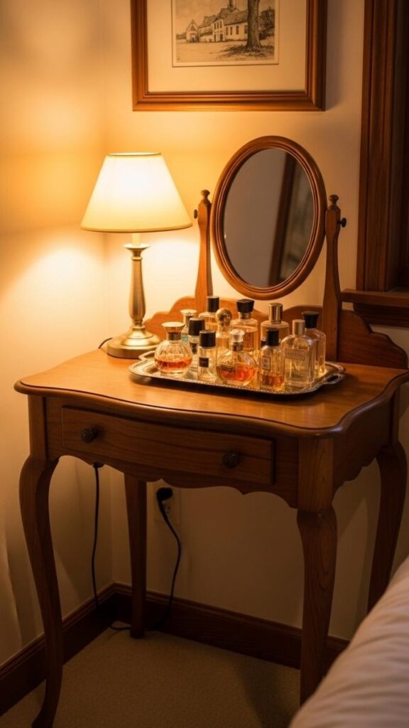 A Vintage Vanity Table With a Round Mirror