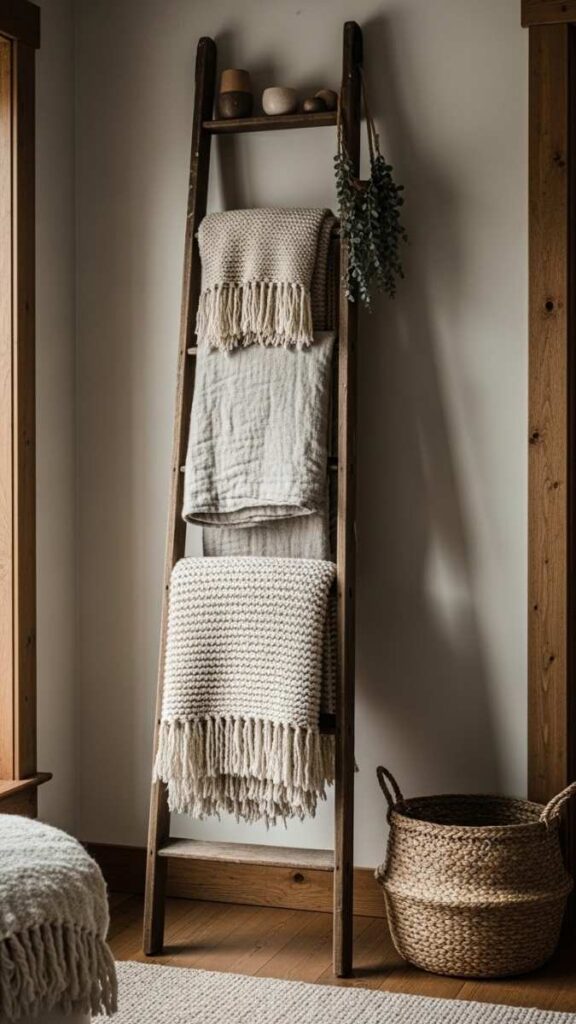 A Vintage Wooden Ladder Used as a Blanket Display