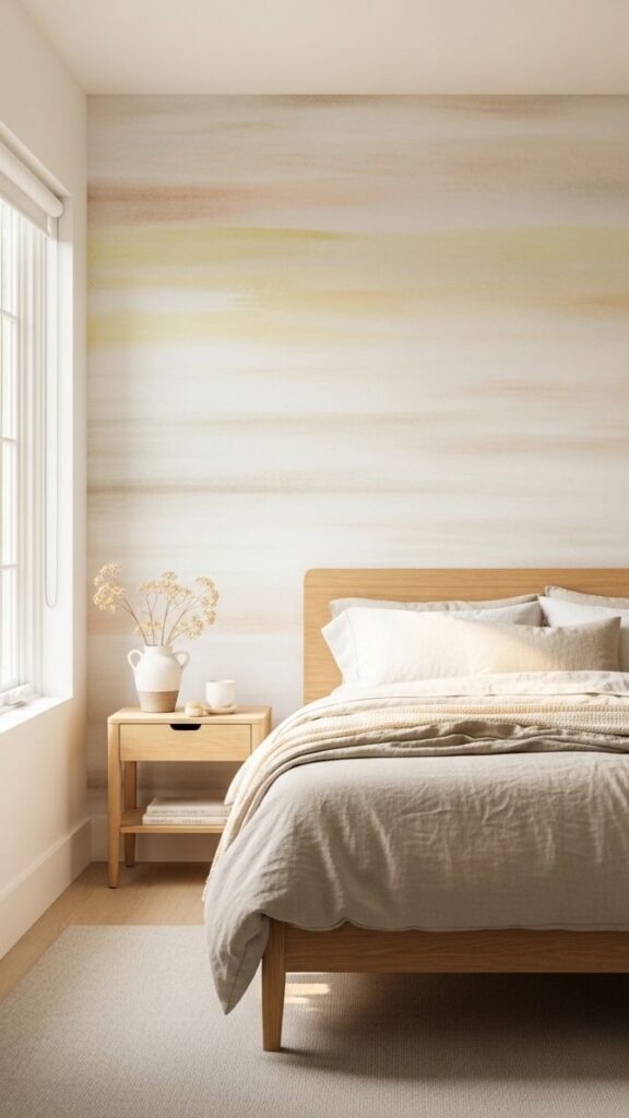 A Whitewashed or Limewash Accent Wall Behind a Bed