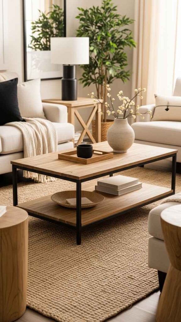 A Wood and Iron Coffee Table on a Jute Rug