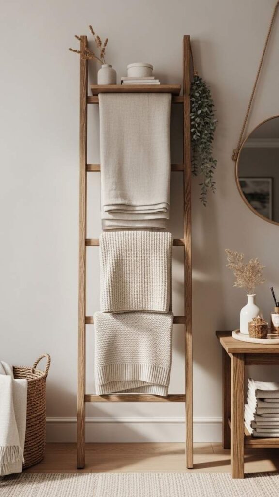 A Wood Ladder Used as a Towel Rack or Blanket Display