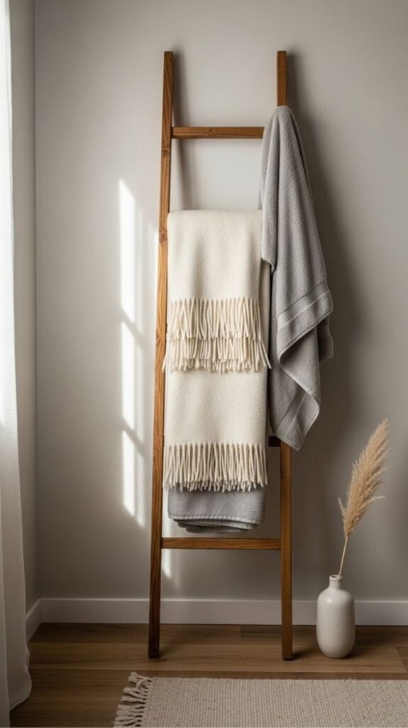  A Wooden Ladder as a Blanket and Towel Holder