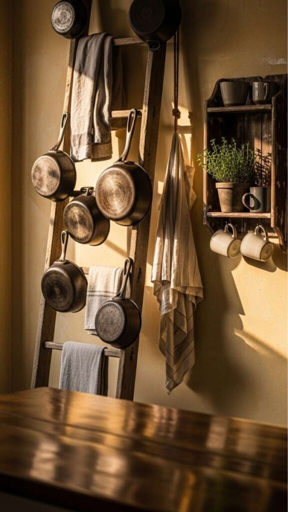 A Wooden Ladder Used as a Pot or Tea Towel Rack