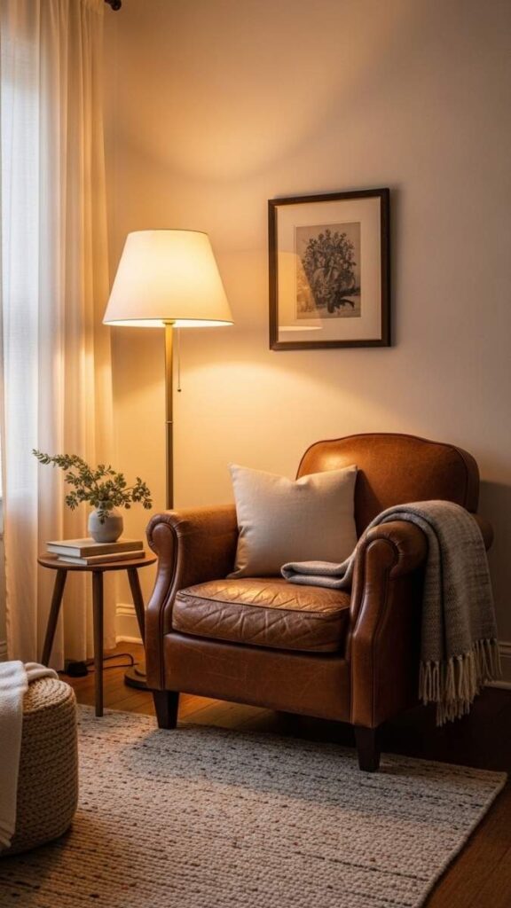 A Worn Leather Armchair Positioned Beside a Floor Lamp