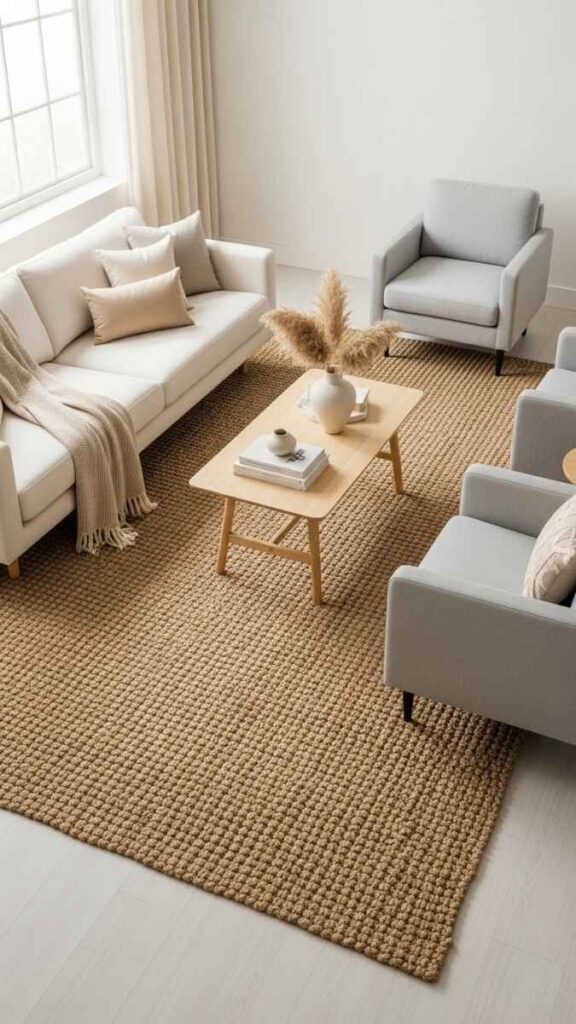 A Woven Jute Rug to Anchor a Floating Living Room Layout