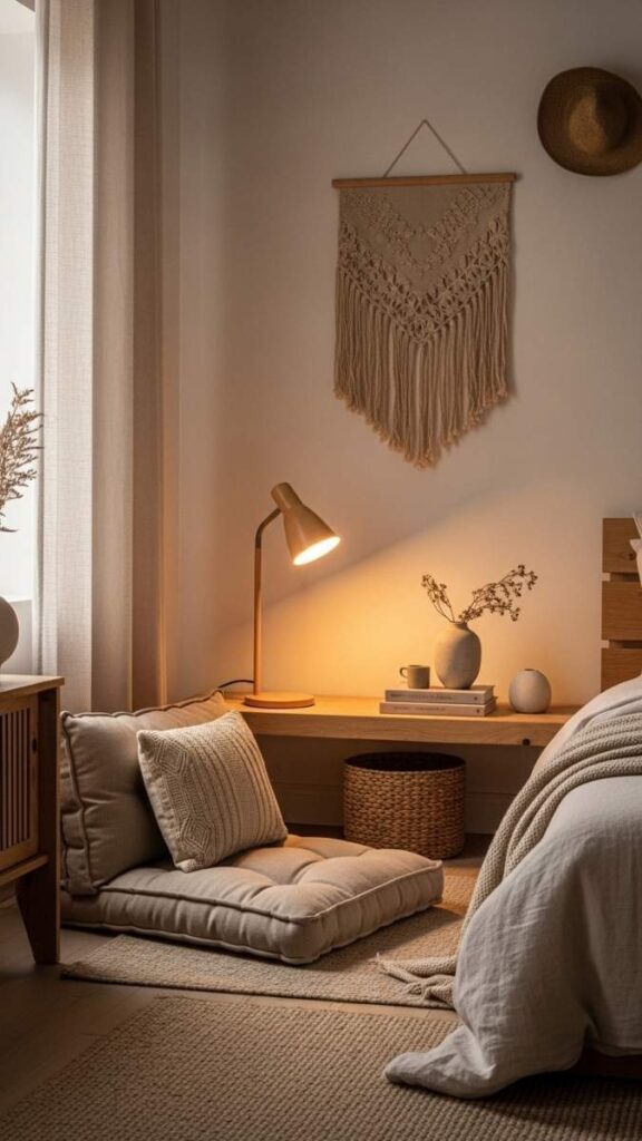 A Zen Inspired Bedroom Corner with a Floor Cushion and Reading Lamp