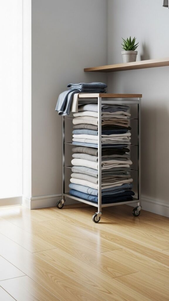 25 Closet Organization Ideas DIY That Actually Make Small Spaces Work Harder 4 Add a Slim Rolling Cart for Folded Essentials