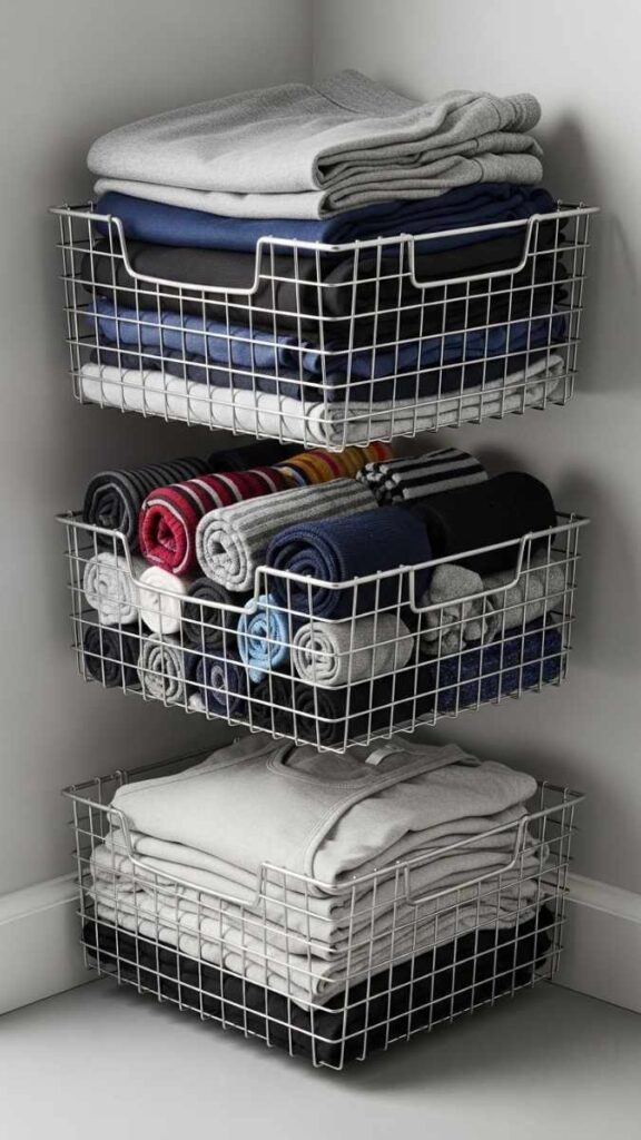 25 Closet Organization Ideas DIY That Actually Make Small Spaces Work Harder 9 Add a Stackable Wire Basket System for Everyday Basics