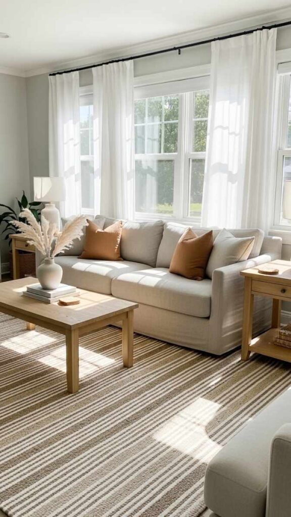 Add a Striped Indoor Outdoor Rug in Natural Tones for a Casual, Durable Option