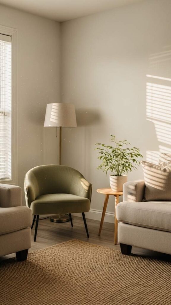 Add a Terracotta or Sage Accent Chair to Break Up a Neutral Room