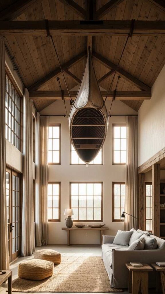 An Antique Canoe or Rowboat Hung from Exposed Ceiling Beams
