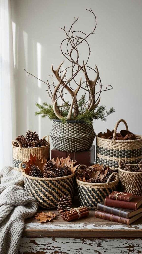 An Antler or Branch Arrangement With Woven Baskets