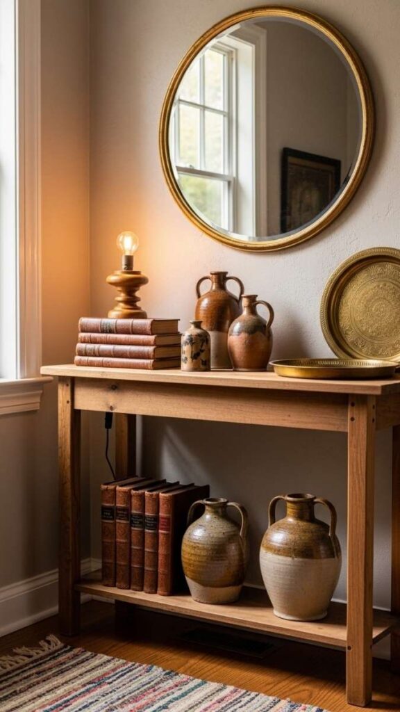 An Entryway Console Table with Vintage Accessories