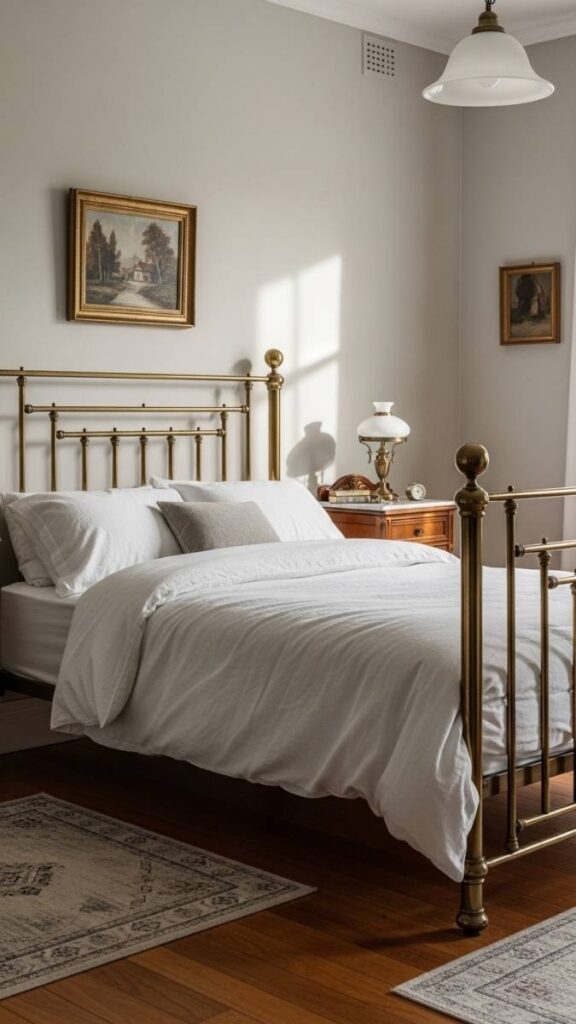 An Ornate Brass or Iron Bed Frame as the Room's Centerpiece