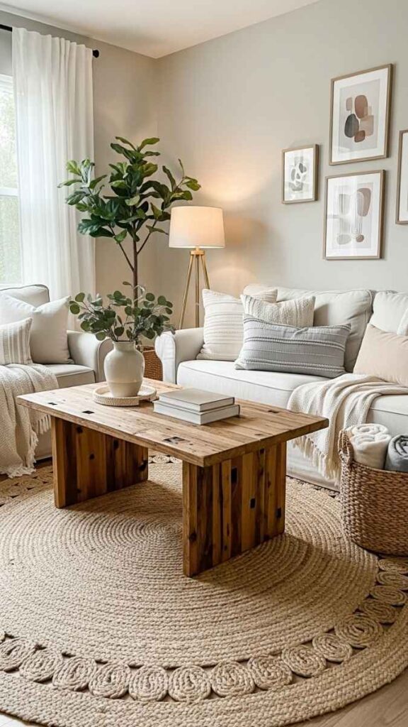 Anchor the Room with a Reclaimed Wood Coffee Table on a Jute Rug