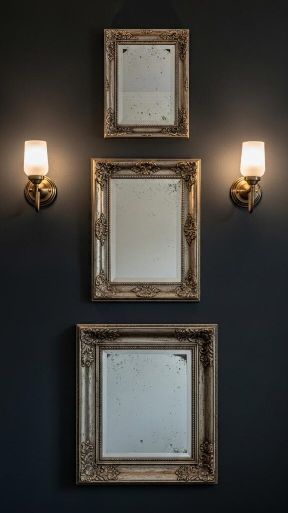 Three ornate mirrors on dark wall
