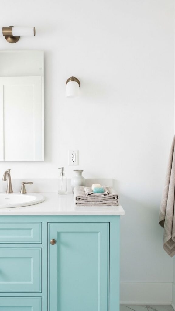 Aqua Blue Painted Vanity in an Otherwise White Bathroom