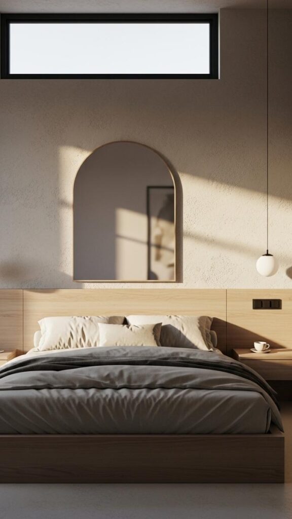 Arch-Shaped Mirror Above a Low-Profile Bed
