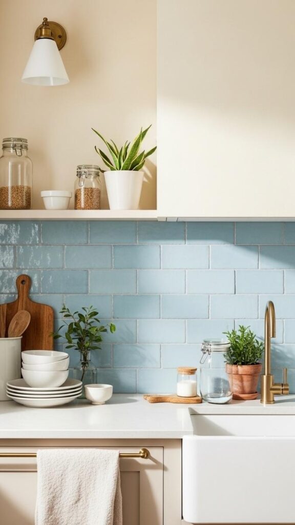 Baby Blue Zellige Tile Backsplash with Cream Walls