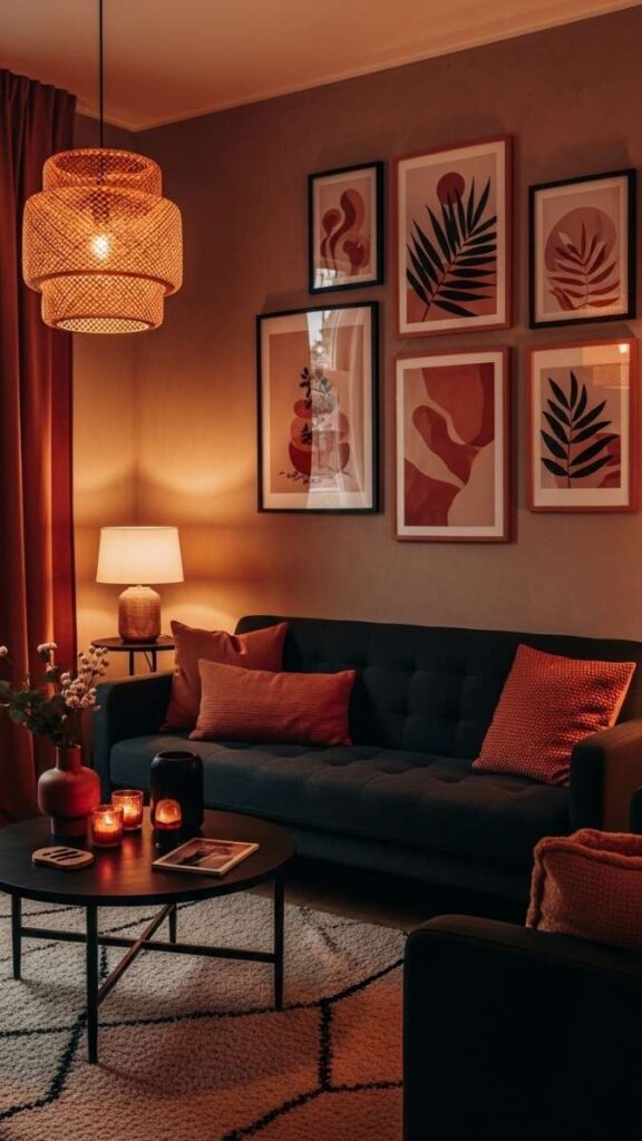 Black and Terracotta Frames with Warm-Toned Art