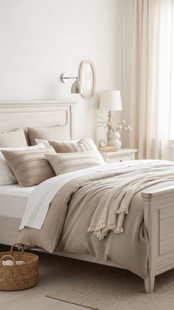 Bleached Wood Bed Frame with Linen Bedding