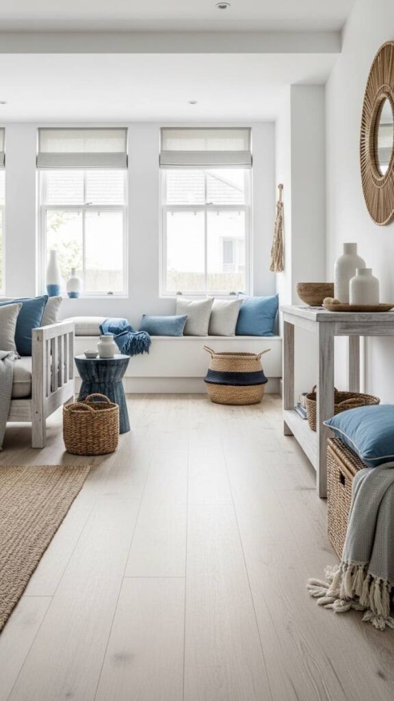 Bleached Wood Tones with Ocean Blue for Texture and Depth