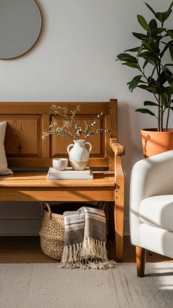 Bring in a Vintage Wooden Bench as Extra Seating and a Display Surface