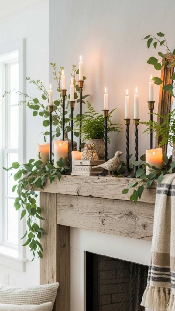 Build a Fireplace Mantel Display with Candlesticks, Greenery, and Weathered Wood