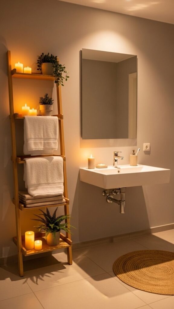 Build a Linen Storage System in the Bathroom with a Ladder Shelf