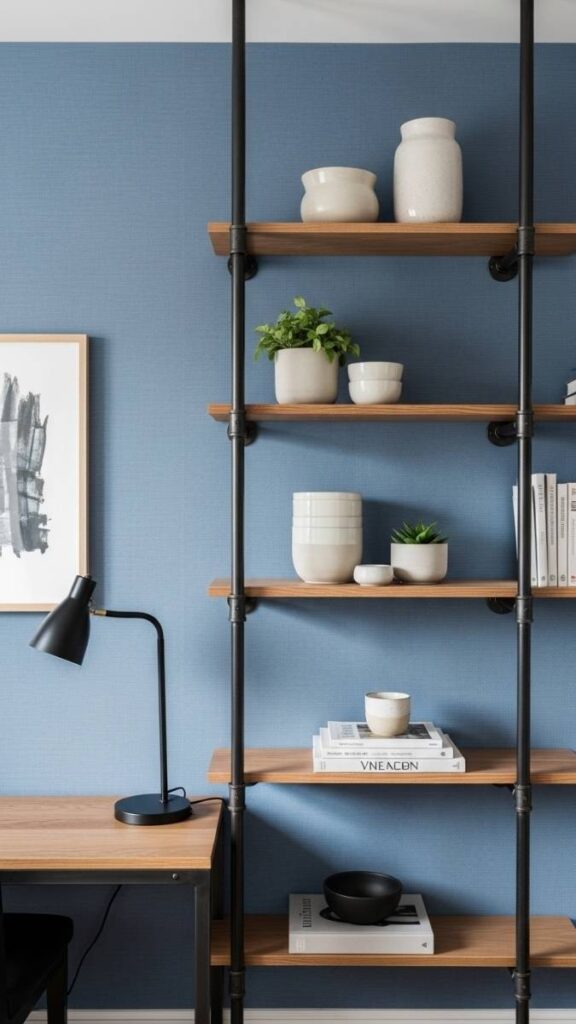 Chambray Blue with Black Pipe Shelving