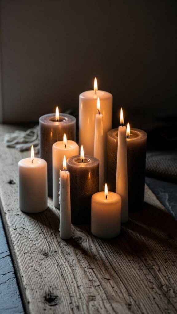 Cluster Candles of Varying Heights on a Stone or Wood Surface