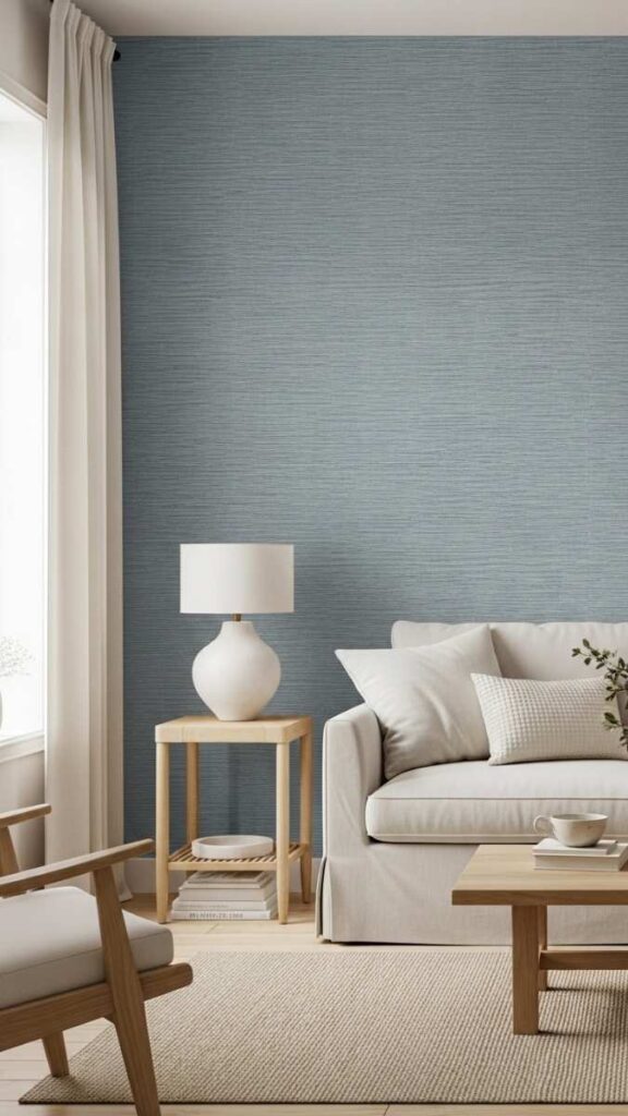 Coastal Blue Grass cloth or Textured Wallpaper on One Wall