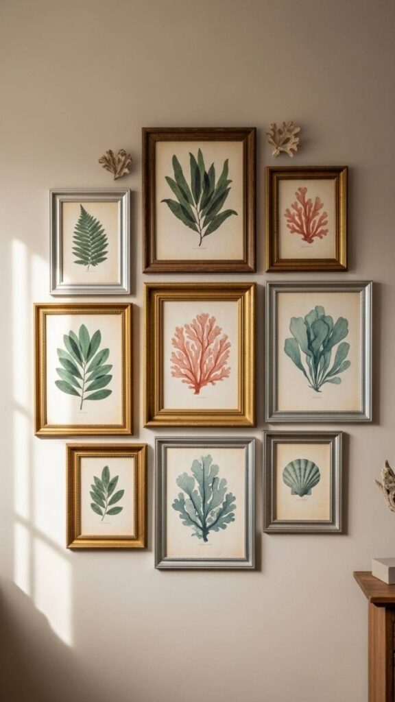 Coastal Botanical Prints in Mismatched Vintage Frames