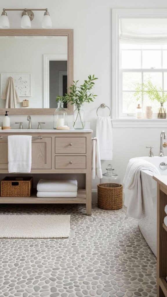 Coastal Inspired Bathroom With Pebble Tile Floor