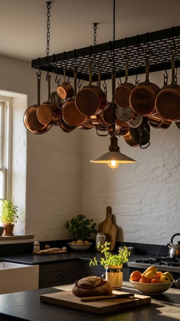 Copper Pots and Pans on a Wall-Mounted Rack