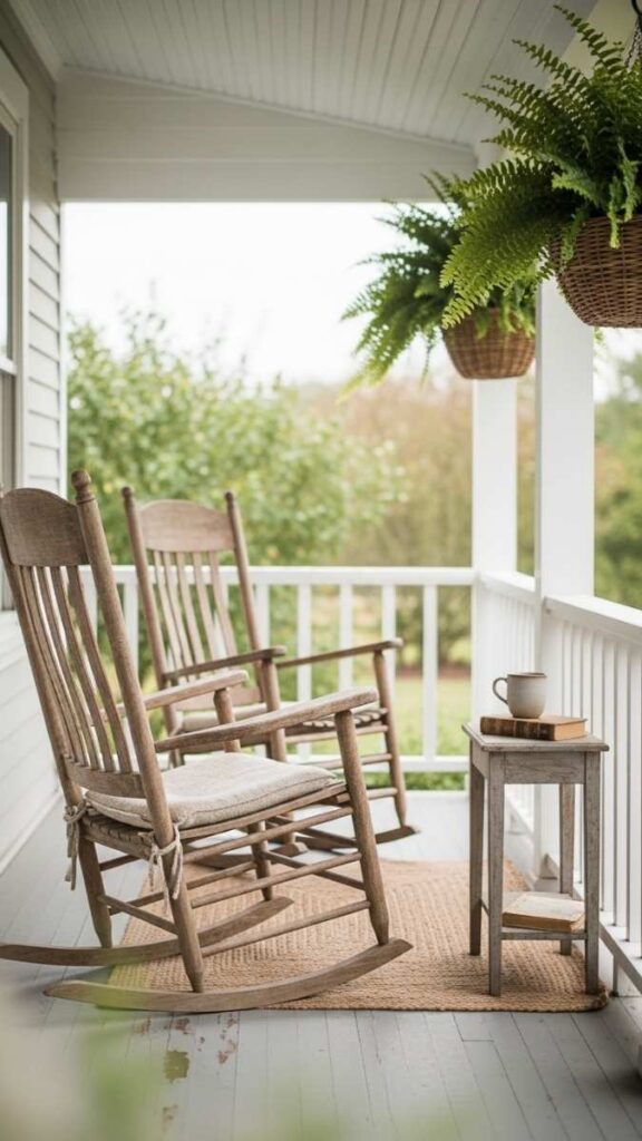 Covered Porch With Vintage Rocking Chairs and Hanging Ferns