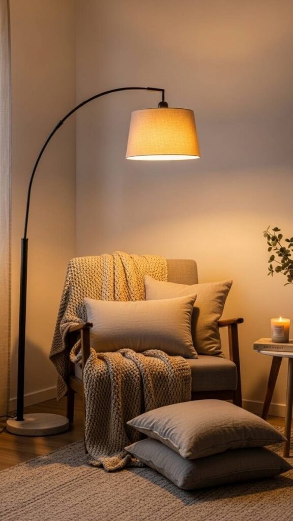 Create a Cozy Corner With a Tall Arc Lamp and Layered Textiles