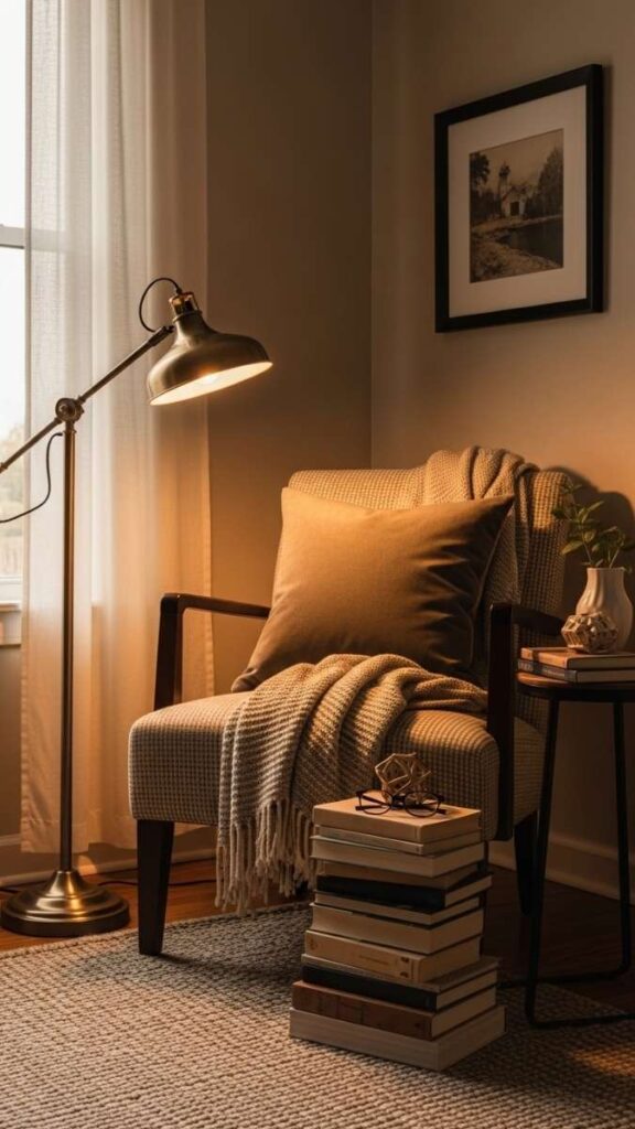 Create a Reading Corner With a Vintage Lamp, Chair, and Stack of Books