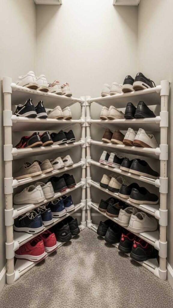 25 Closet Organization Ideas DIY That Actually Make Small Spaces Work Harder 6 Create a Shoe Rack from PVC Pipe