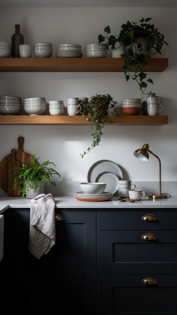 Dark Painted Cabinetry With Natural Wood Open Shelving
