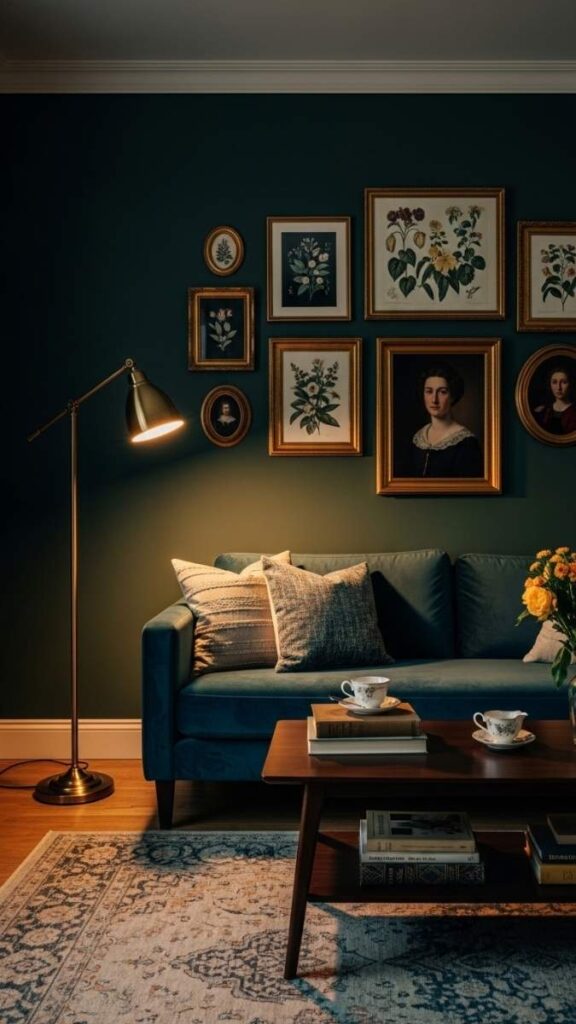Dark Wall Gallery with Gold and Brass Frames