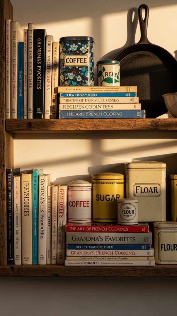 Display of Vintage Recipe Books and Cookware as Décor