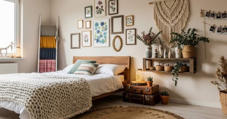 Cozy bedroom with natural decor elements.