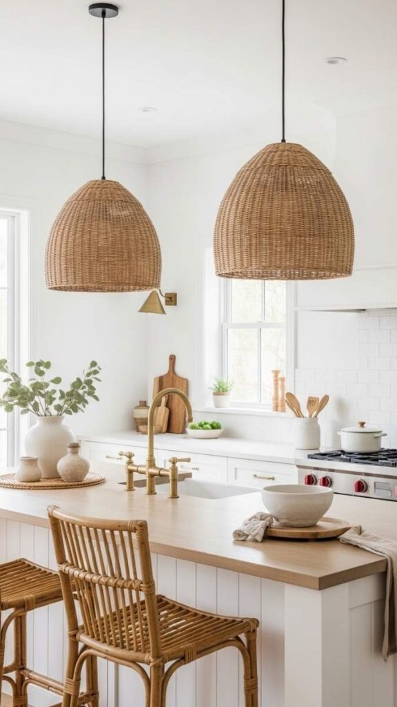 Woven Pendant Lights Over the Kitchen Island