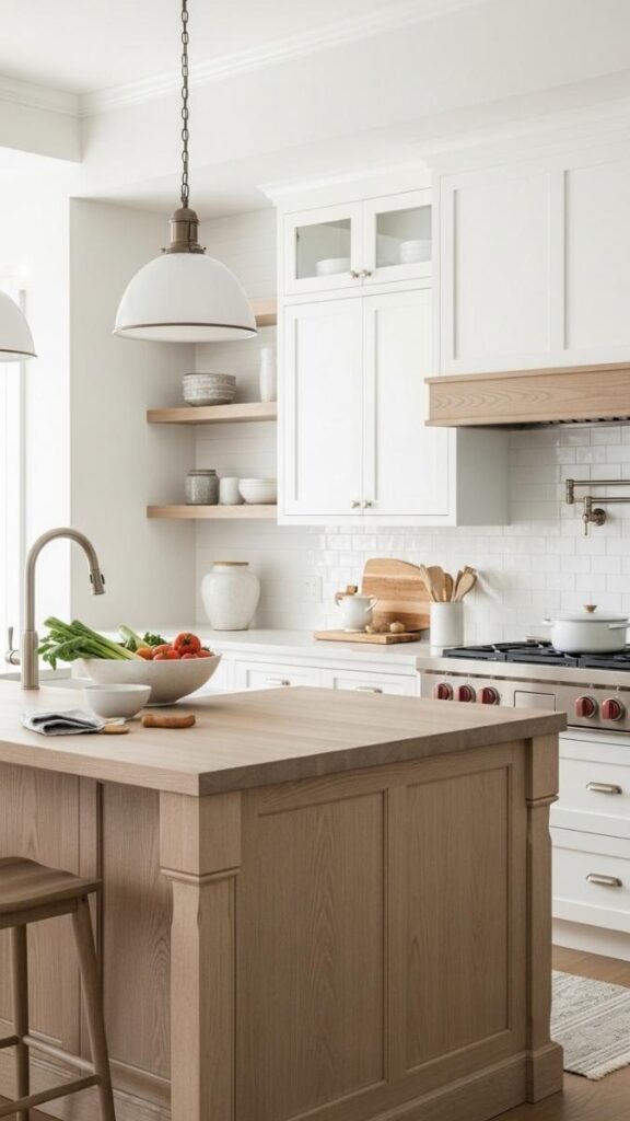 Driftwood Finish Kitchen Island With White Perimeter Cabinets