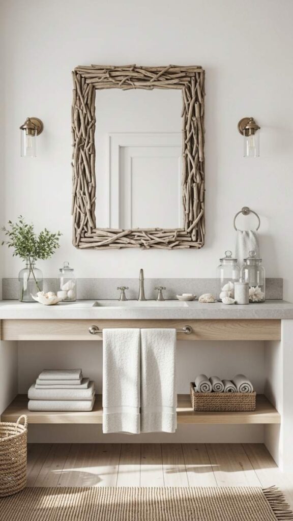 Driftwood Mirror Frame Above the Vanity